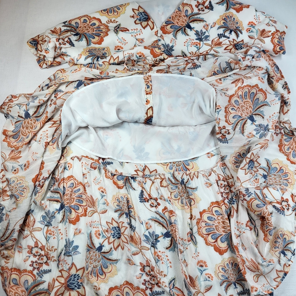 JustFab Floral Maxi DRESS Womens Size 1X Short Sleeve White Blues Rust Gauze - Picture 9 of 13